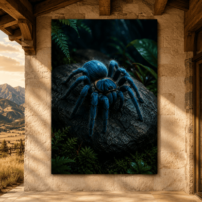 Blue Tarantula on Rainforest Log Wrapped Canvas Wall Art – Exotic Spider Nature Print - ART OF ROYALS