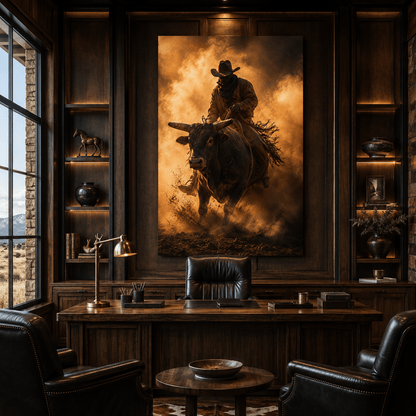 Bull Rider in Dust Wrapped Canvas Wall Art – Dramatic Western Rodeo Cowboy Print - ART OF ROYALS
