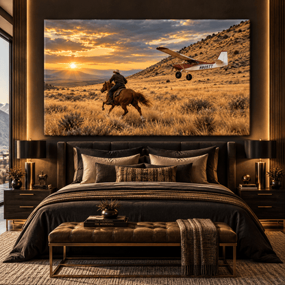 Cowboy and Bush Plane Wrapped Canvas Wall Art – Western Horseback Aviation Sunset Print - ART OF ROYALS