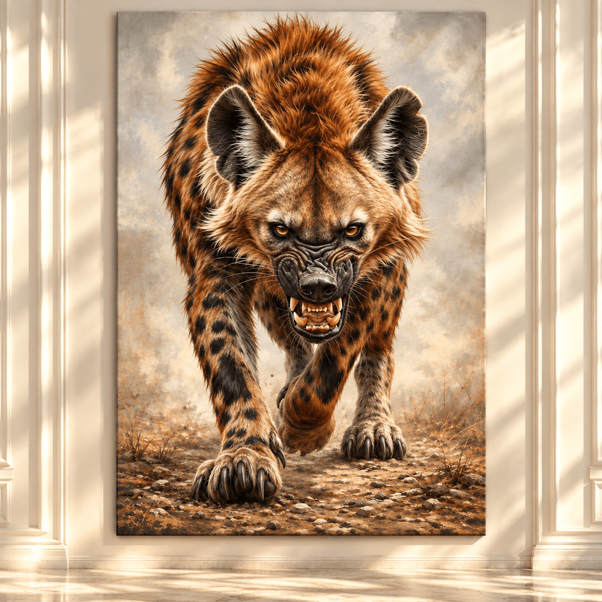 Charging Spotted Hyena Wrapped Canvas Wall Art – Fierce African Wildlife Portrait Print - ART OF ROYALS
