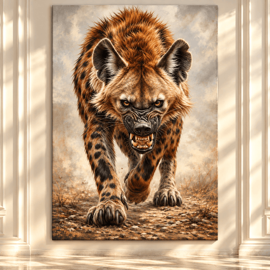 Charging Spotted Hyena Wrapped Canvas Wall Art – Fierce African Wildlife Portrait Print - ART OF ROYALS