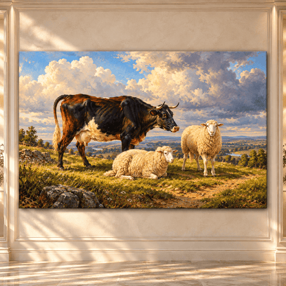 Cow and Sheep Pasture Wrapped Canvas Wall Art – Rustic Farm Animal Countryside Painting - ART OF ROYALS