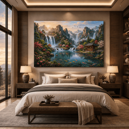 Celestial Garden Waterfalls Canvas Wall Art – Tranquil Oriental Mountain Landscape Decor - ART OF ROYALS