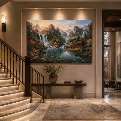 Celestial Garden Waterfalls Canvas Wall Art – Tranquil Oriental Mountain Landscape Decor - ART OF ROYALS