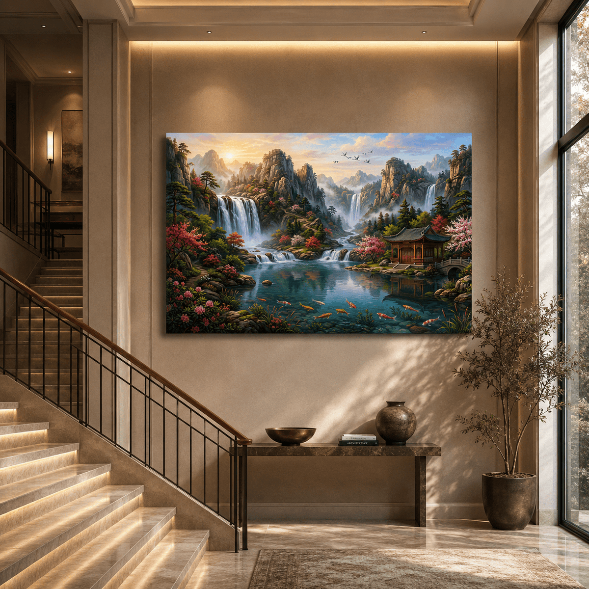 Celestial Garden Waterfalls Canvas Wall Art – Tranquil Oriental Mountain Landscape Decor - ART OF ROYALS