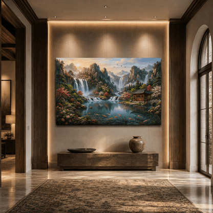 Celestial Garden Waterfalls Canvas Wall Art – Tranquil Oriental Mountain Landscape Decor - ART OF ROYALS