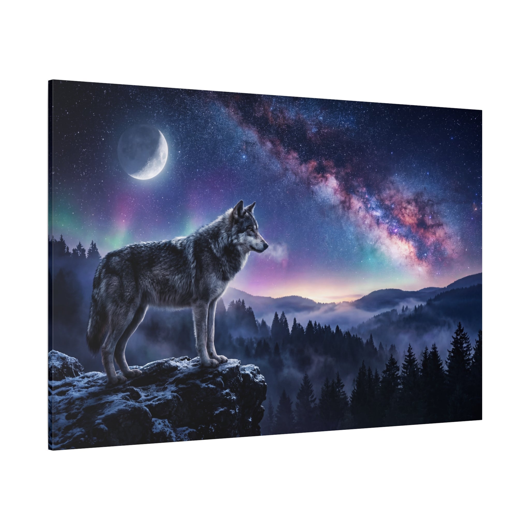 Contemporary stylized wolf canvas wall art with galaxy sky, an example of modern wildlife art moving beyond traditional realism