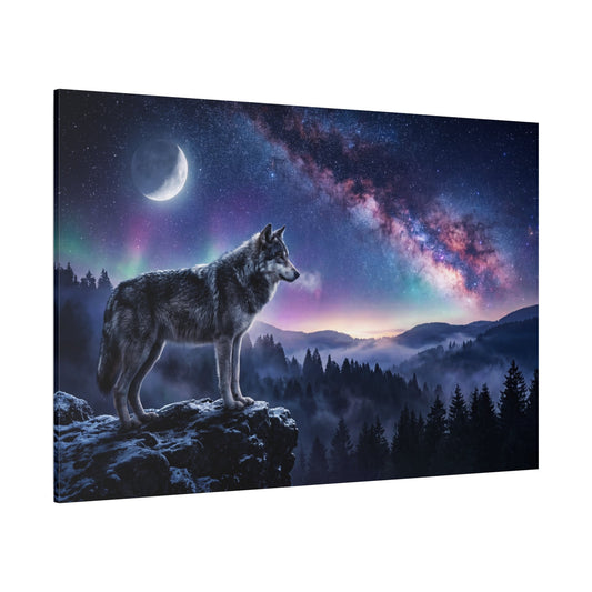 Celestial Guardian Lone Wolf Under the Milky Way Canvas Wall Art – Mystical Wolf Galaxy Decor - ART OF ROYALS