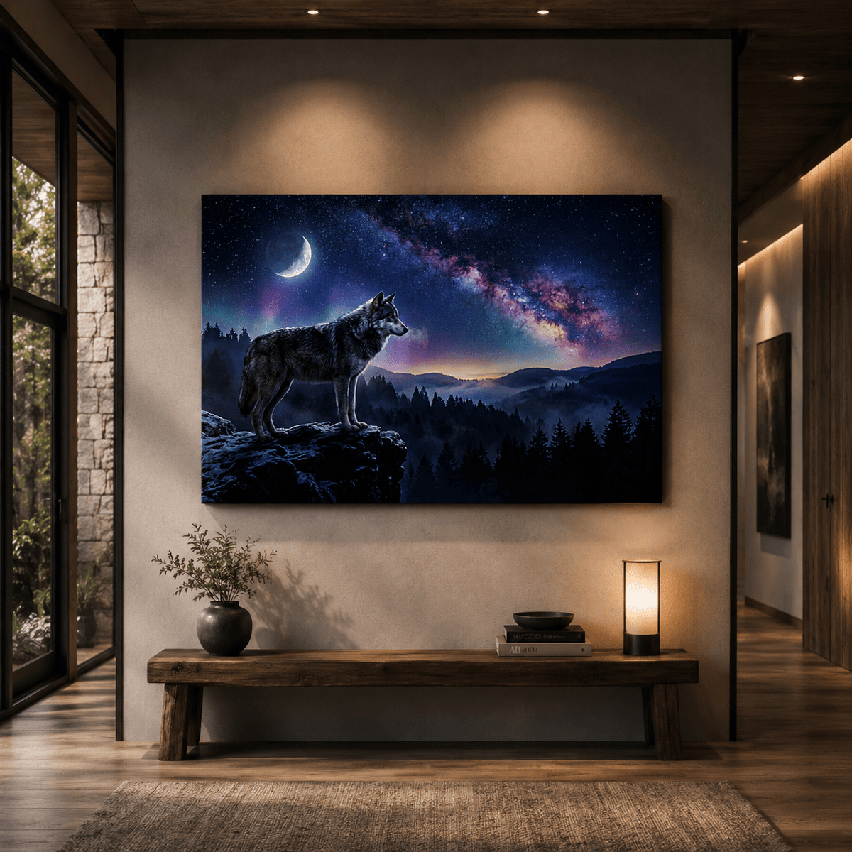 Celestial Guardian Lone Wolf Under the Milky Way Canvas Wall Art – Mystical Wolf Galaxy Decor - ART OF ROYALS