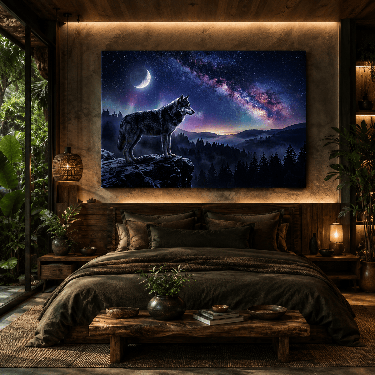 Celestial Guardian Lone Wolf Under the Milky Way Canvas Wall Art – Mystical Wolf Galaxy Decor - ART OF ROYALS
