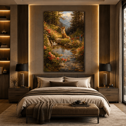 Red Fox by Mountain Stream Wrapped Canvas Wall Art – Wildflower Forest Wildlife Landscape Print - ART OF ROYALS