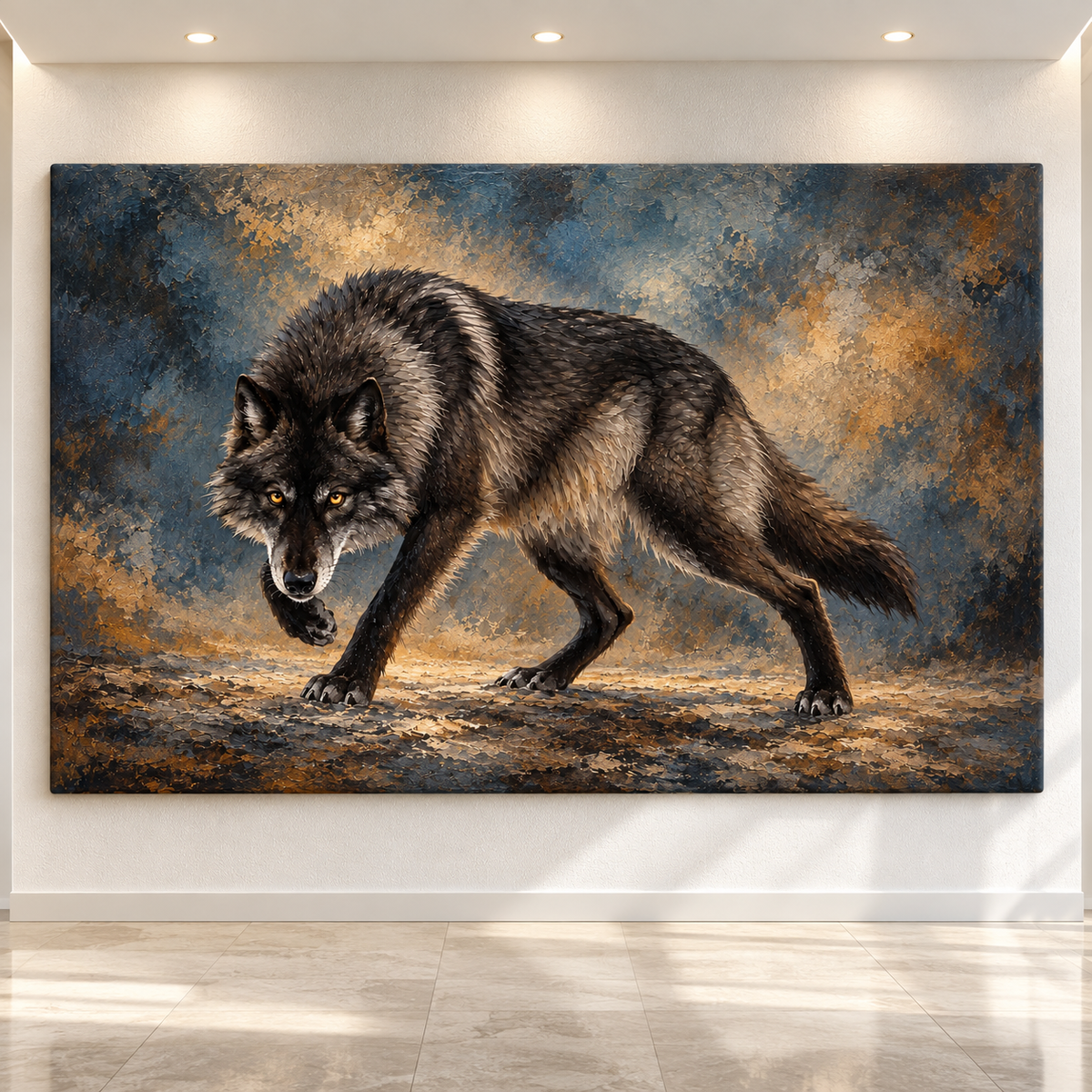 Black Wolf Wrapped Canvas Wall Art – Moody Charcoal & Gold Wildlife Painting