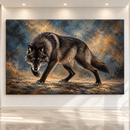 Black Wolf Wrapped Canvas Wall Art – Moody Charcoal & Gold Wildlife Painting