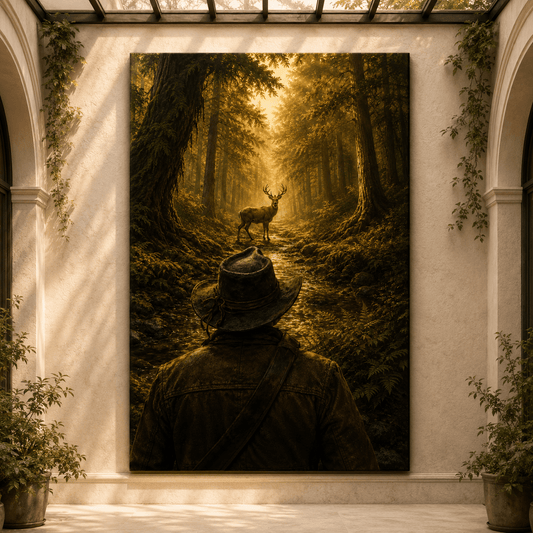 Hunter Watching a Buck in Golden Forest Wrapped Canvas Wall Art – Deer Hunting Woodland Print - ART OF ROYALS