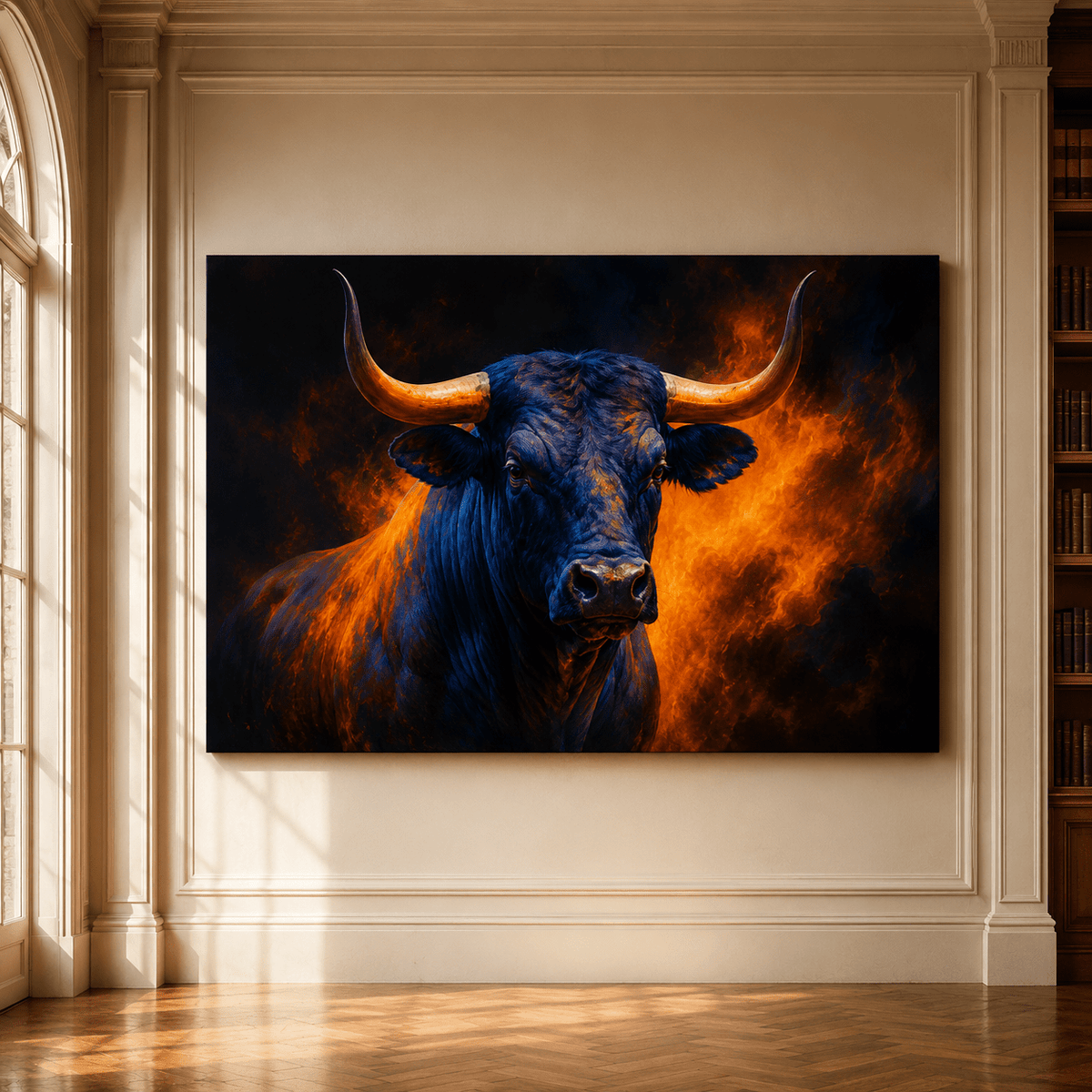 Blue Bull with Golden Horns Wrapped Canvas Wall Art – Dramatic Fire & Western Cattle Print - ART OF ROYALS