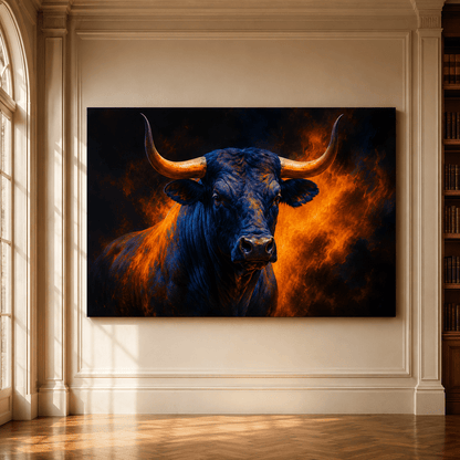 Blue Bull with Golden Horns Wrapped Canvas Wall Art – Dramatic Fire & Western Cattle Print - ART OF ROYALS
