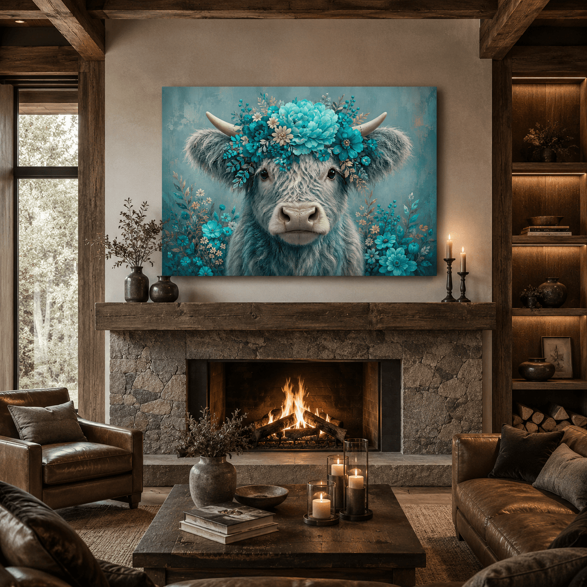 Floral Highland Cow Wrapped Canvas Wall Art – Turquoise Blue Flower Crown Farmhouse Print - ART OF ROYALS
