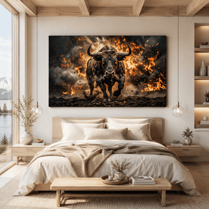 Charging Bull Through Fire Canvas Wall Art – Powerful Action Bull & Motivational Strength Artwork - ART OF ROYALS
