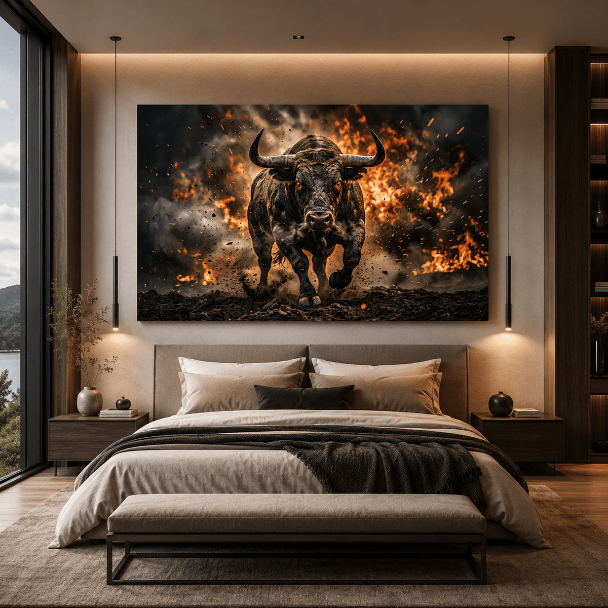 Charging Bull Through Fire Canvas Wall Art – Powerful Action Bull & Motivational Strength Artwork - ART OF ROYALS