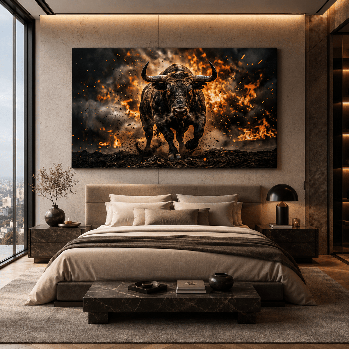 Charging Bull Through Fire Canvas Wall Art – Powerful Action Bull & Motivational Strength Artwork - ART OF ROYALS