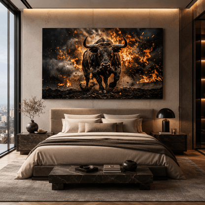 Charging Bull Through Fire Canvas Wall Art – Powerful Action Bull & Motivational Strength Artwork - ART OF ROYALS
