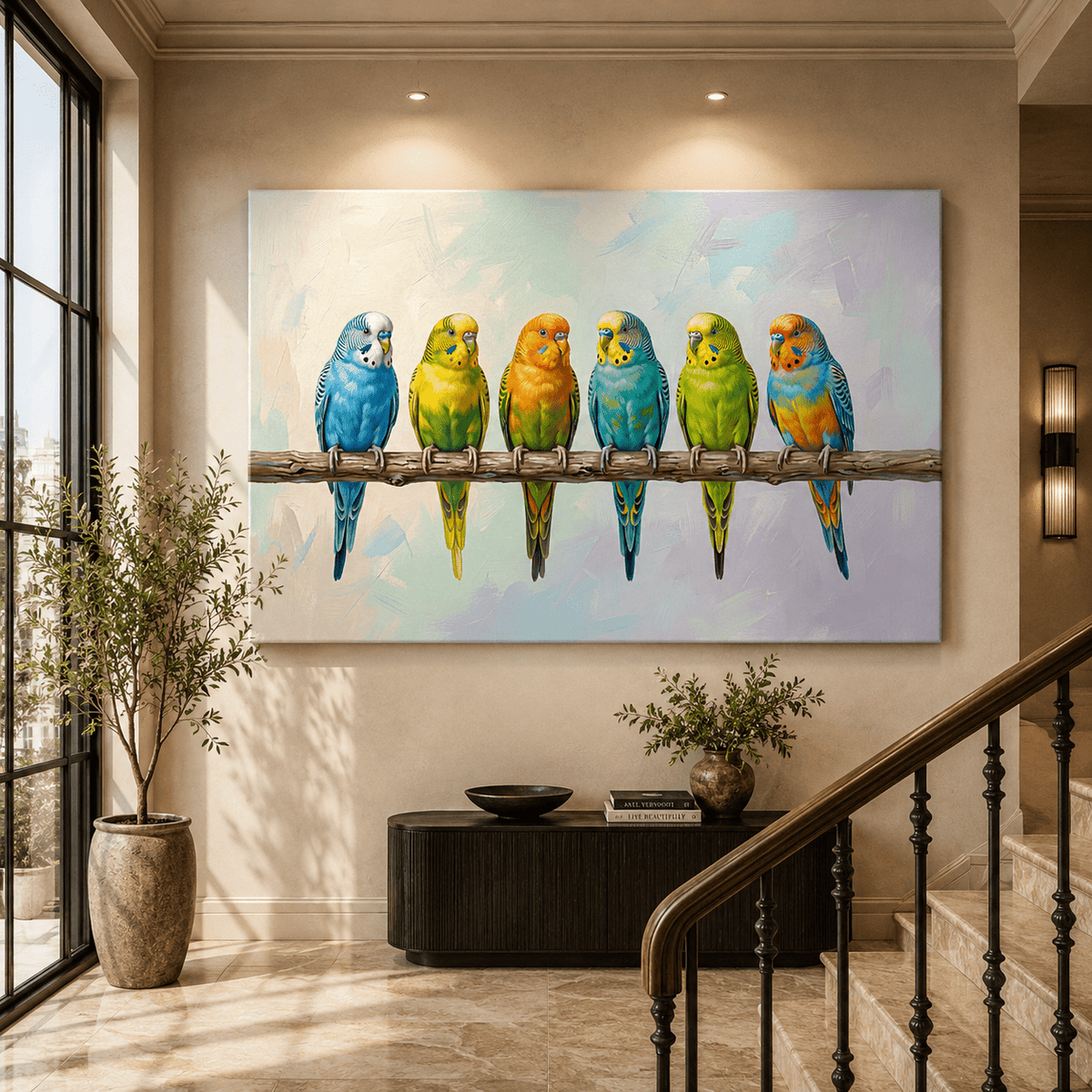 Colorful Parakeets Canvas Wall Art – Modern Bird Wall Decor for Bright and Minimalist Interiors - ART OF ROYALS