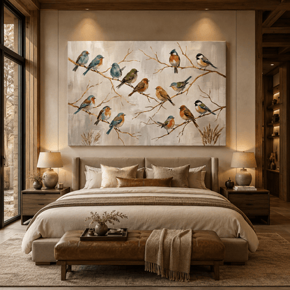 Colorful Songbirds on Golden Branches Canvas Wall Art – Elegant Bird Nature Decor - ART OF ROYALS