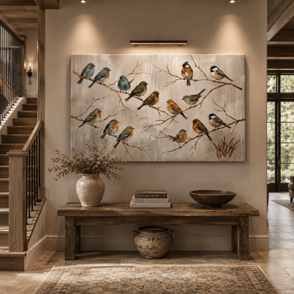 Colorful Songbirds on Golden Branches Canvas Wall Art – Elegant Bird Nature Decor - ART OF ROYALS