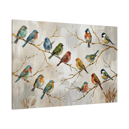 Colorful Songbirds on Golden Branches Canvas Wall Art – Elegant Bird Nature Decor - ART OF ROYALS