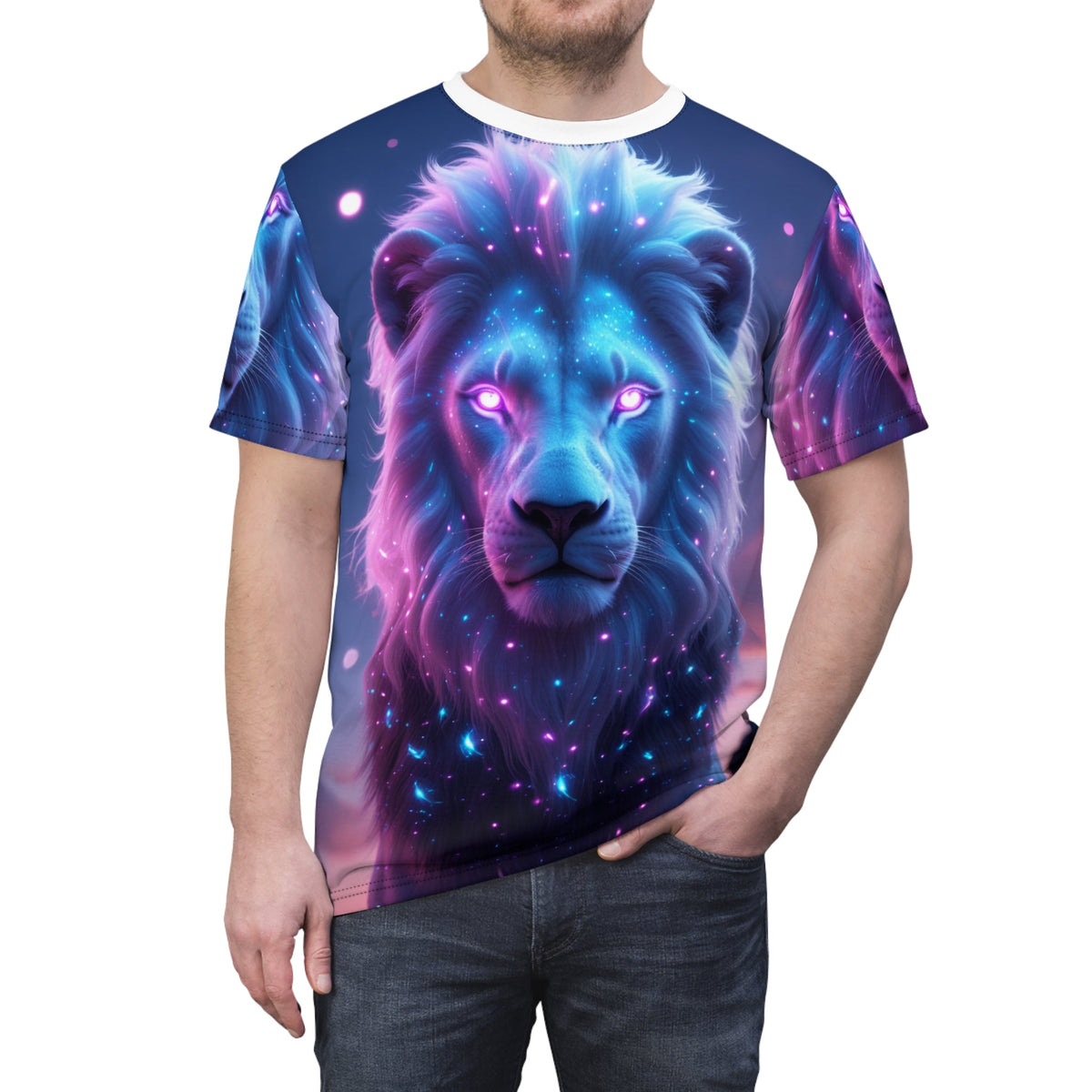 🦁 Cosmic Majesty – Glowing Galactic Lion T-Shirt - ART OF ROYALS