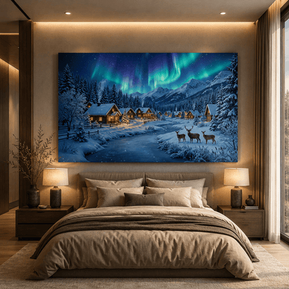 Cozy Winter Village Under Northern Lights Canvas Wall Art – Snowy Cabin Aurora Landscape Decor - ART OF ROYALS