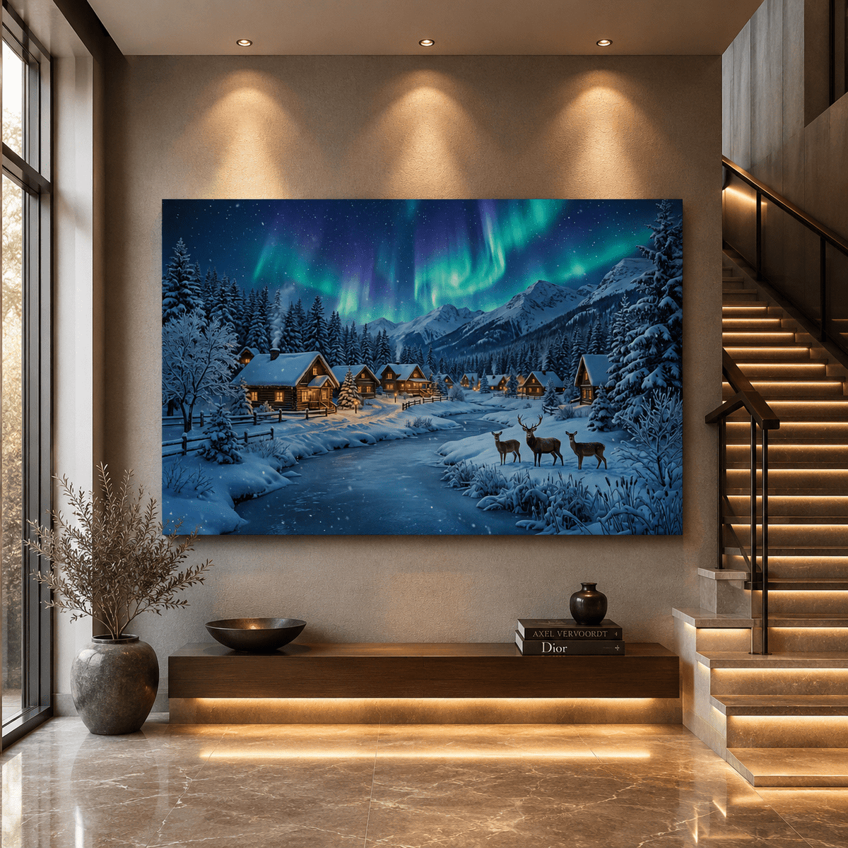 Cozy Winter Village Under Northern Lights Canvas Wall Art – Snowy Cabin Aurora Landscape Decor - ART OF ROYALS