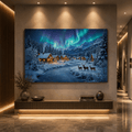 Cozy Winter Village Under Northern Lights Canvas Wall Art – Snowy Cabin Aurora Landscape Decor