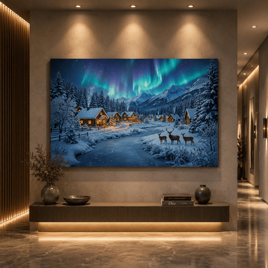 Cozy Winter Village Under Northern Lights Canvas Wall Art – Snowy Cabin Aurora Landscape Decor - ART OF ROYALS