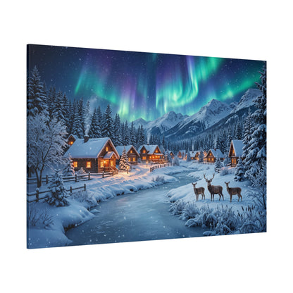 Cozy Winter Village Under Northern Lights Canvas Wall Art – Snowy Cabin Aurora Landscape Decor - ART OF ROYALS