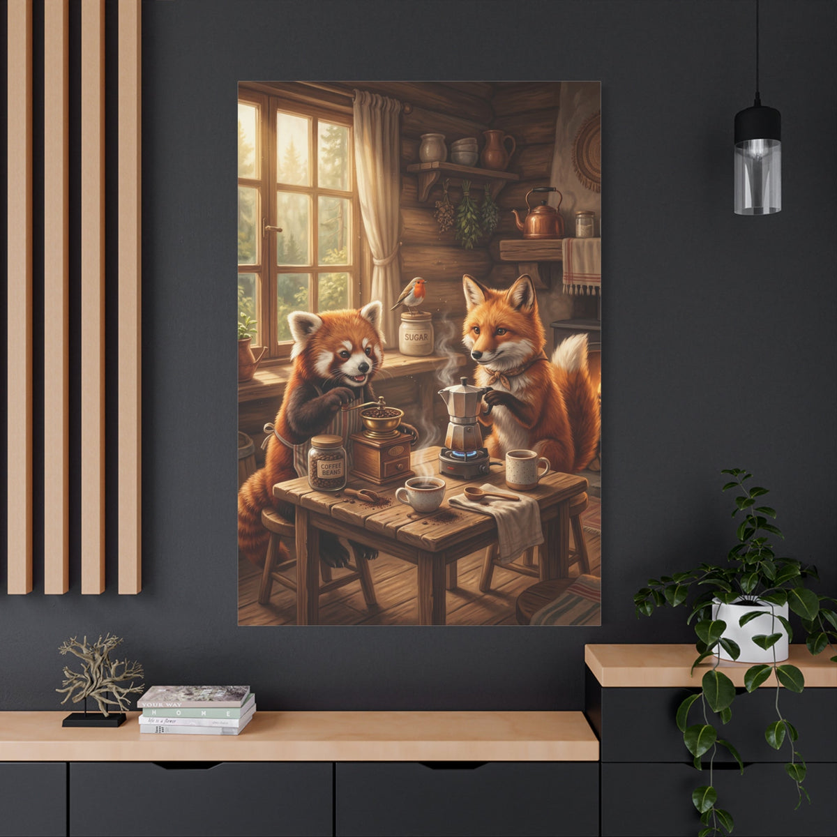 Cozy Woodland Coffee Time Red Panda & Fox Canvas Wall Art – Rustic Cabin Animal Decor - ART OF ROYALS