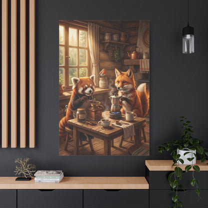 Cozy Woodland Coffee Time Red Panda & Fox Canvas Wall Art – Rustic Cabin Animal Decor - ART OF ROYALS