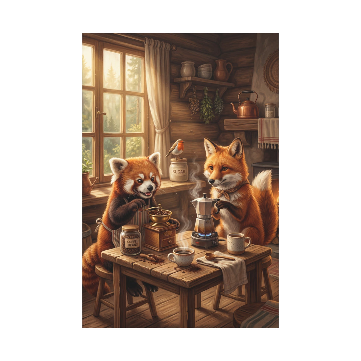 Cozy Woodland Coffee Time Red Panda & Fox Canvas Wall Art – Rustic Cabin Animal Decor - ART OF ROYALS