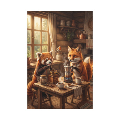 Cozy Woodland Coffee Time Red Panda & Fox Canvas Wall Art – Rustic Cabin Animal Decor - ART OF ROYALS