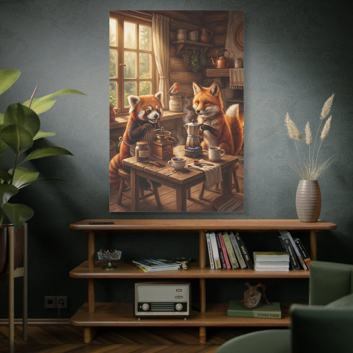Cozy Woodland Coffee Time Red Panda & Fox Canvas Wall Art – Rustic Cabin Animal Decor - ART OF ROYALS
