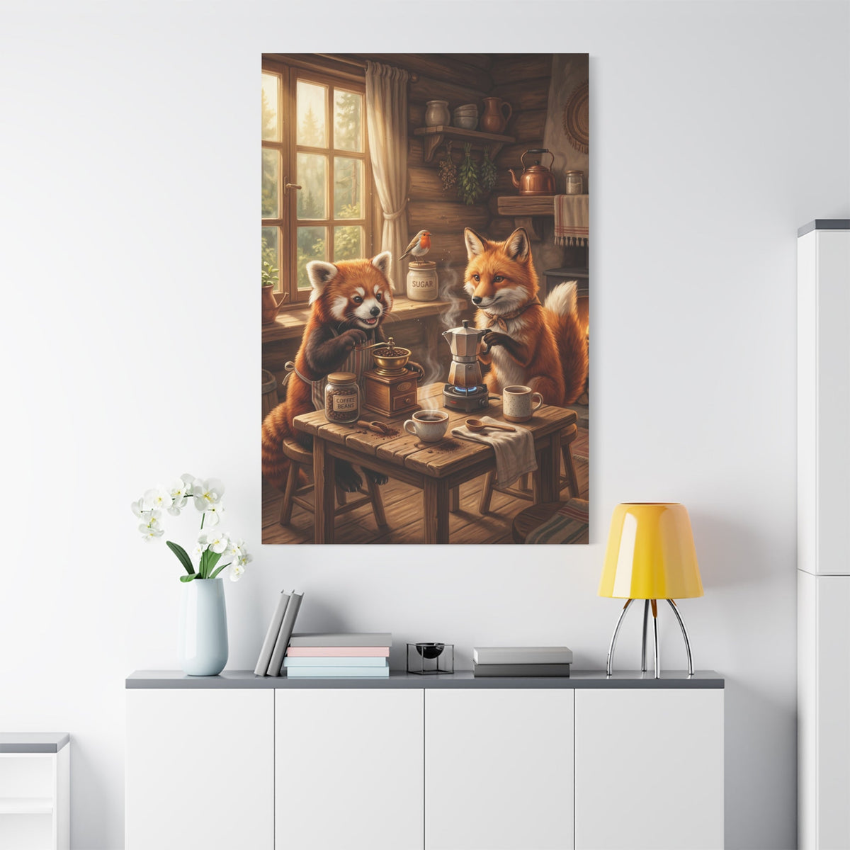 Cozy Woodland Coffee Time Red Panda & Fox Canvas Wall Art – Rustic Cabin Animal Decor - ART OF ROYALS