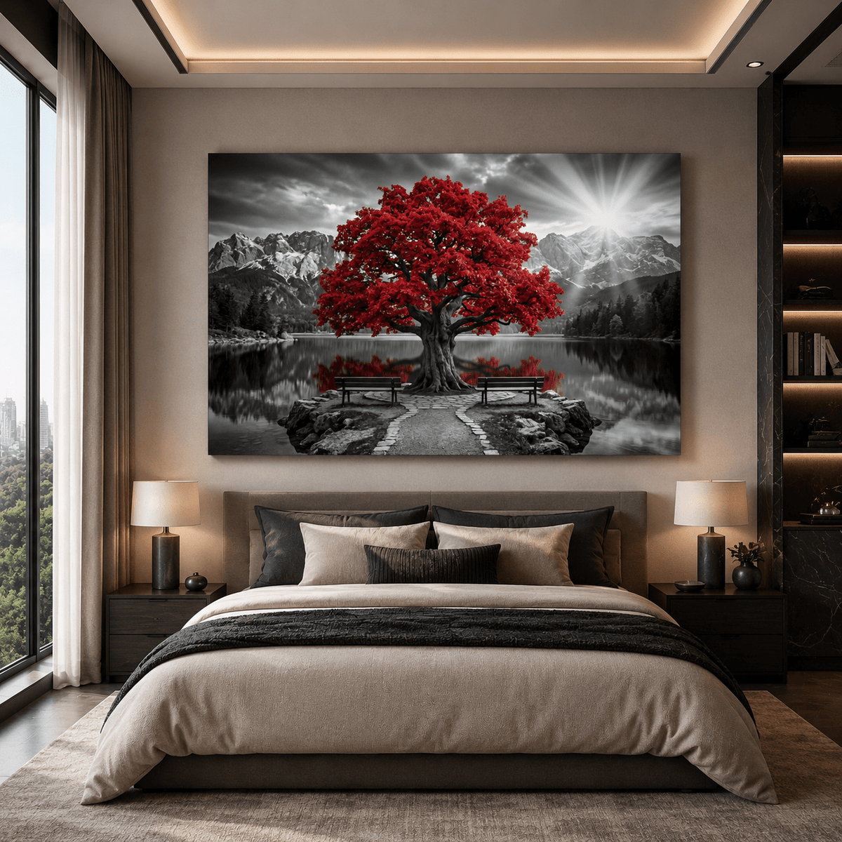 Crimson Red Tree Canvas Wall Art – Serene Mountain Lake Landscape Decor - ART OF ROYALS