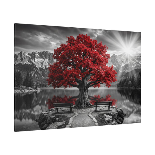Crimson Red Tree Canvas Wall Art – Serene Mountain Lake Landscape Decor - ART OF ROYALS