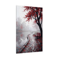 Crimson Serenity Red Leaves Lakeside Path Canvas Wall Art – Minimalist Nature Landscape Decor