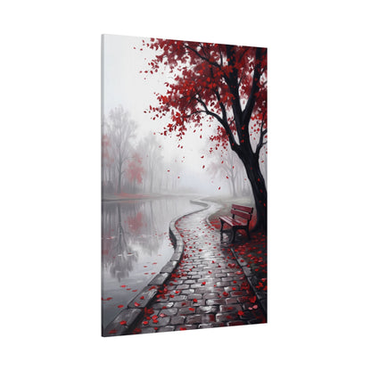 Crimson Serenity Red Leaves Lakeside Path Canvas Wall Art – Minimalist Nature Landscape Decor - ART OF ROYALS