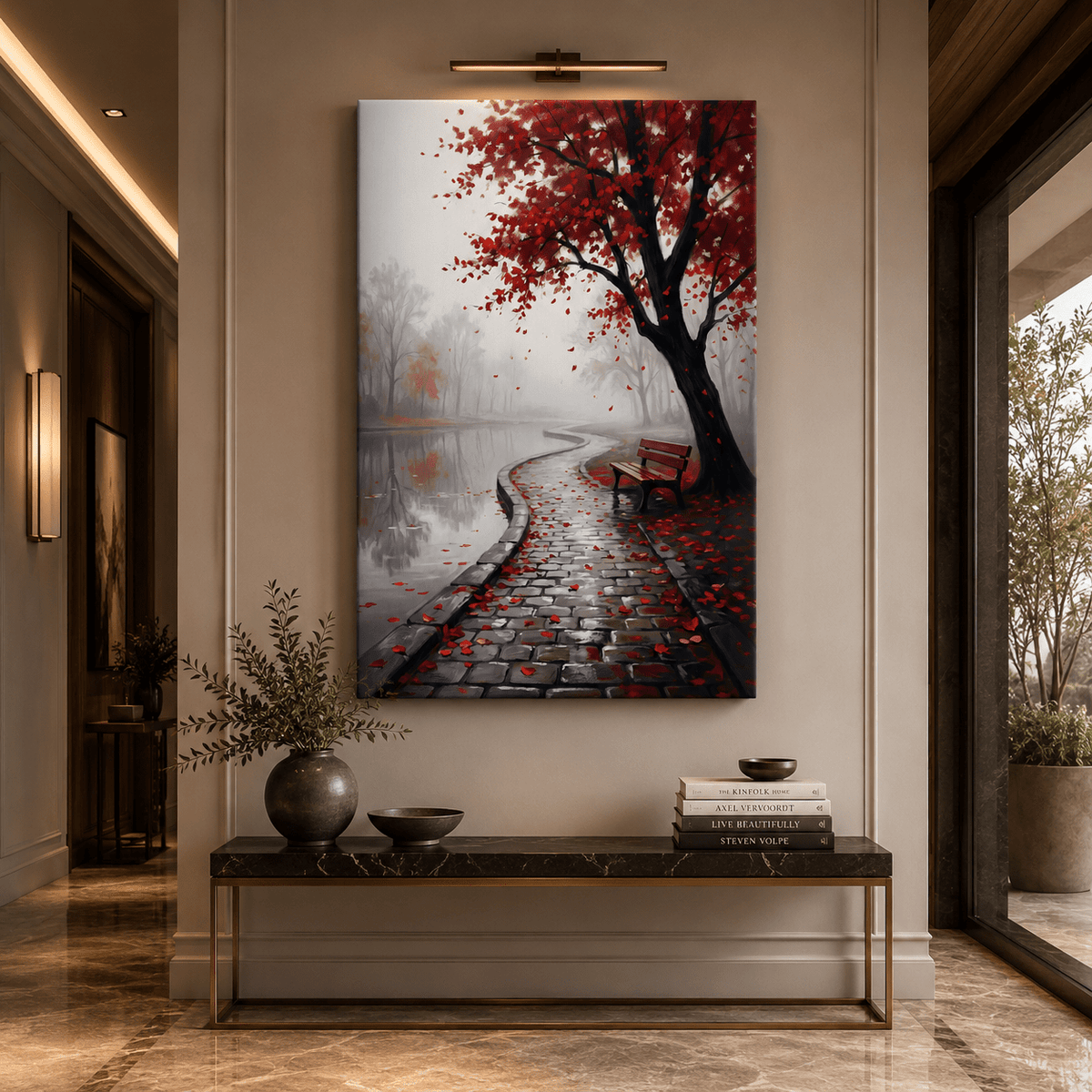 Crimson Serenity Red Leaves Lakeside Path Canvas Wall Art – Minimalist Nature Landscape Decor - ART OF ROYALS