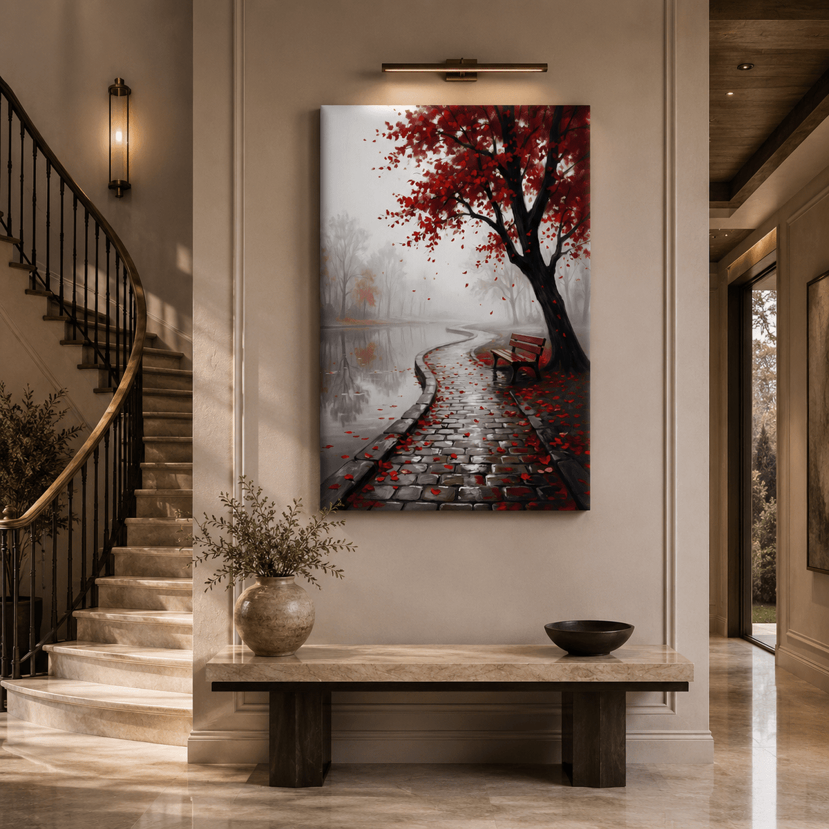 Crimson Serenity Red Leaves Lakeside Path Canvas Wall Art – Minimalist Nature Landscape Decor - ART OF ROYALS