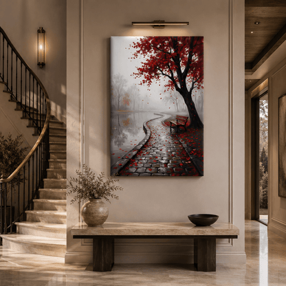 Crimson Serenity Red Leaves Lakeside Path Canvas Wall Art – Minimalist Nature Landscape Decor - ART OF ROYALS