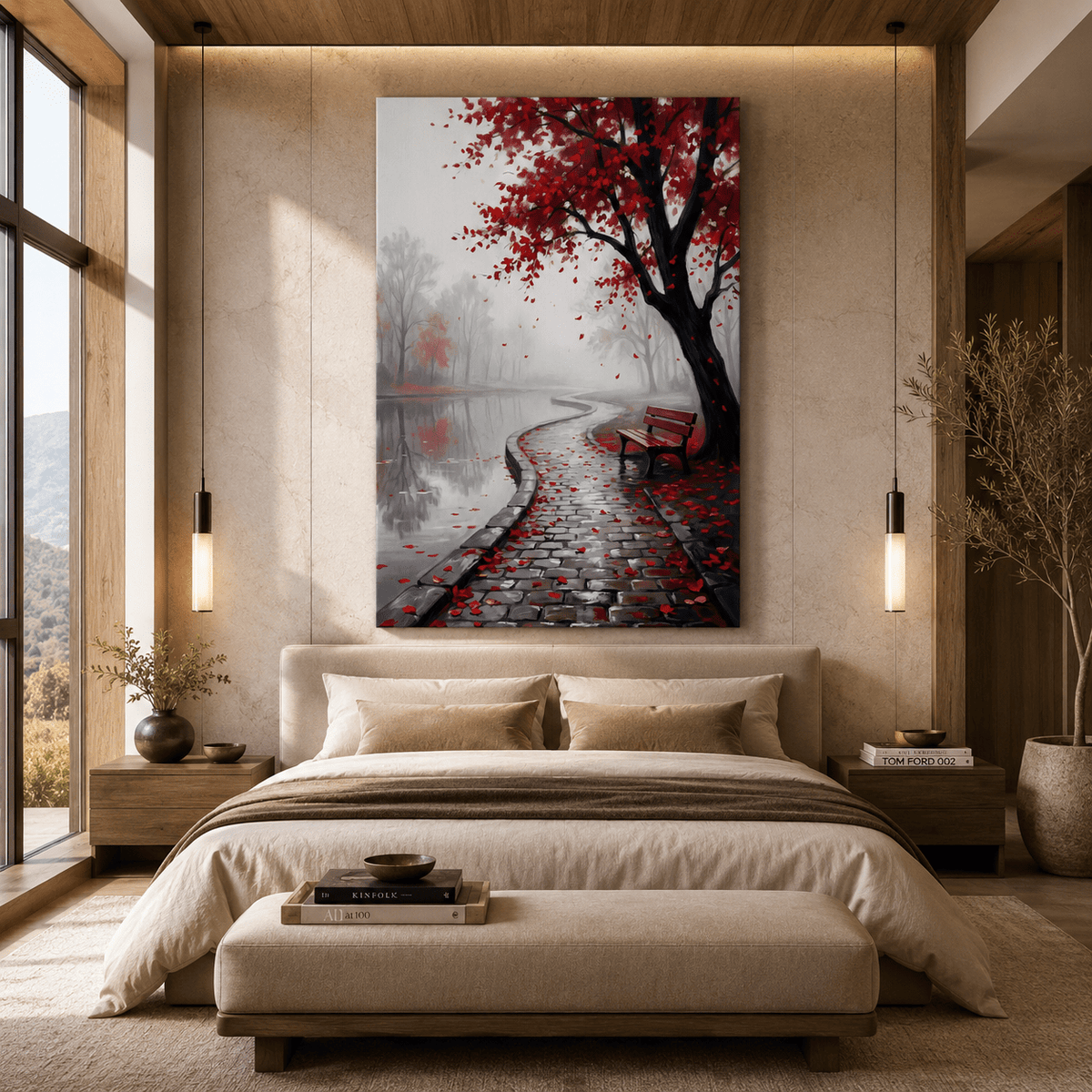 Crimson Serenity Red Leaves Lakeside Path Canvas Wall Art – Minimalist Nature Landscape Decor - ART OF ROYALS