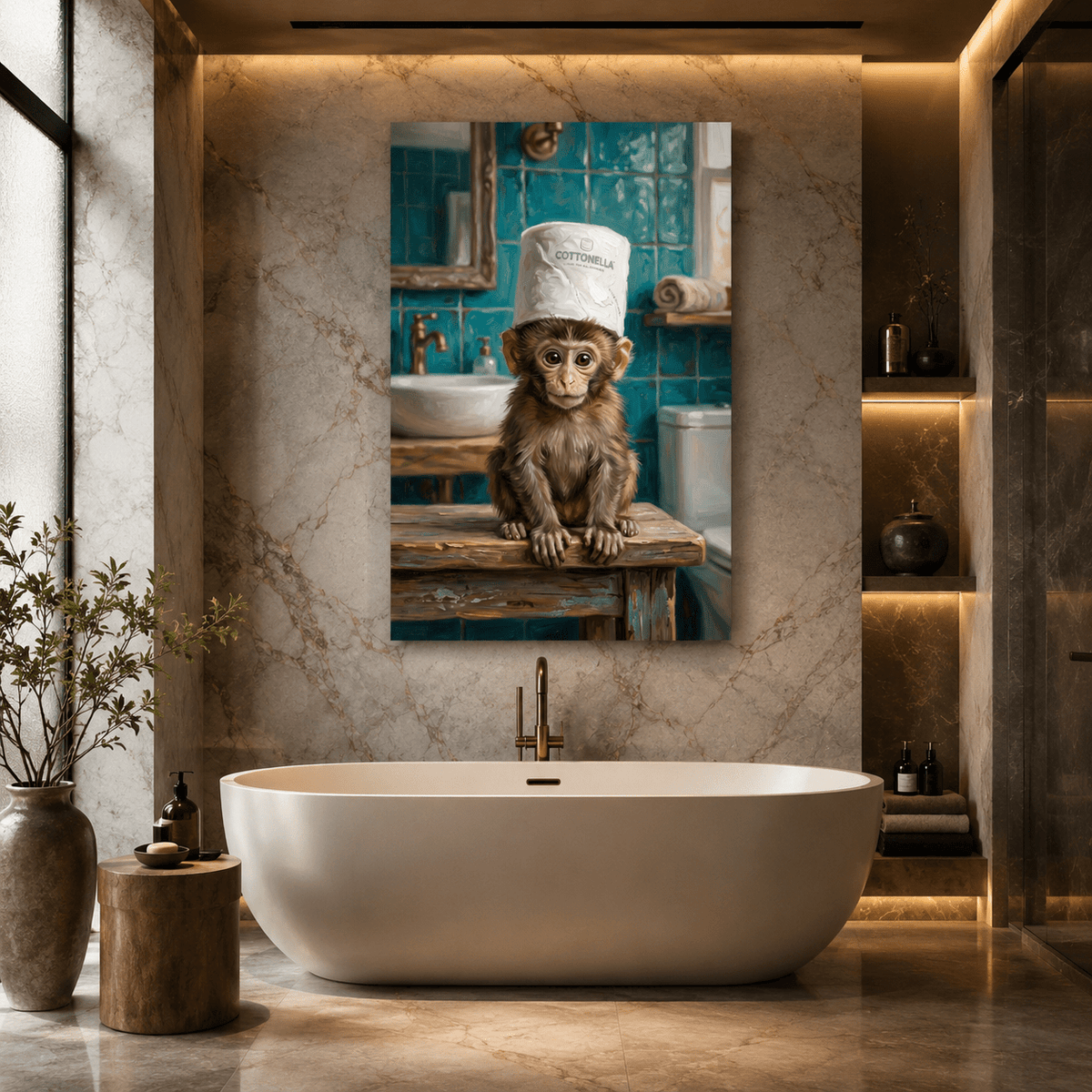 Cute Monkey Bathroom Canvas Wall Art – Funny Baby Monkey Toilet Humor Decor - ART OF ROYALS